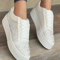 Plus size women's black lace-up casual pump with rhinestone detail on side, chunky flat rubber sole.