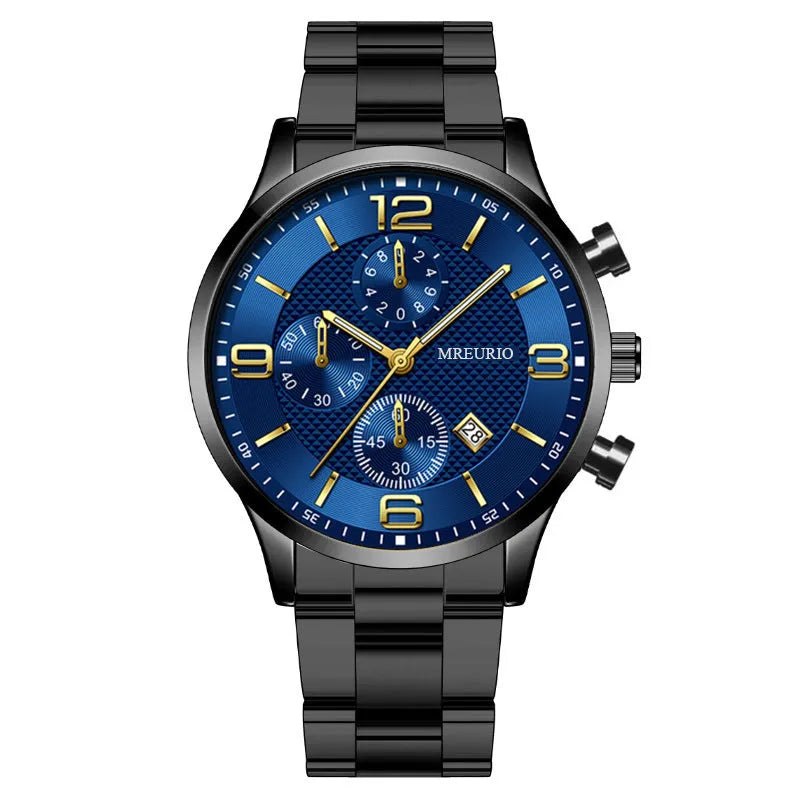 Fashion Numbers Three-eye Calendar Men's Watch with black dial and silver case, 9.5mm thickness