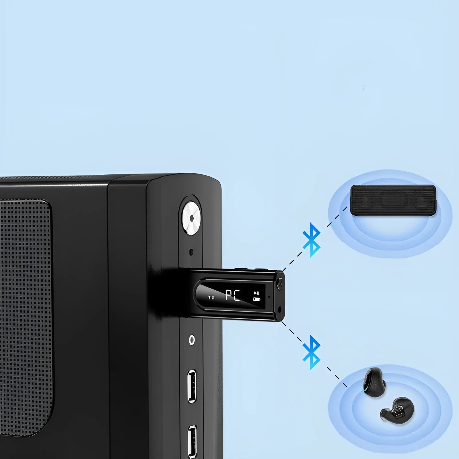Black USB car FM Bluetooth receiver for wireless audio streaming and hands-free calling.
