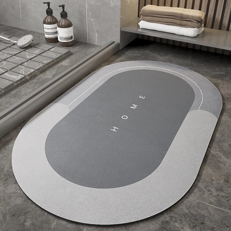 Cushioned blue oval bathroom floor mat on tiled flooring