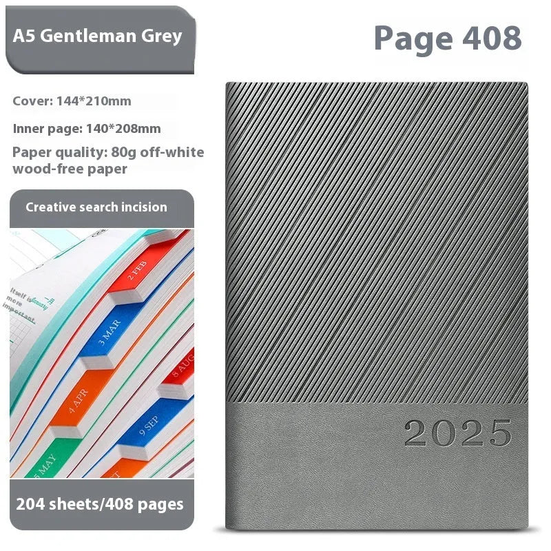 A5 executive notepad with striped PU leather cover open on desk, showing lined wood-free paper.