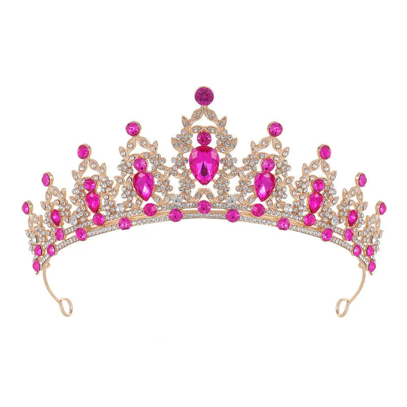 Baroque-style bride crown headdress made of alloy with rhinestone decoration in silver and gold colour options.