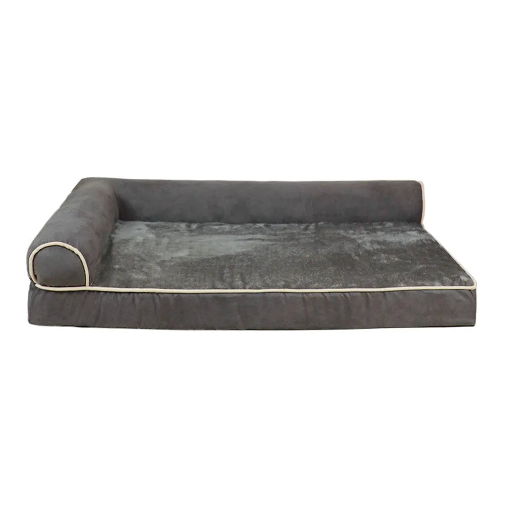 Solid colour cloth pet bed for dogs in khaki, shown on a floor with a size label