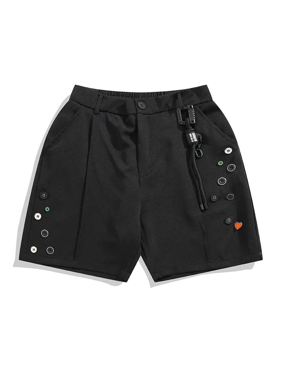 Men's black loose-fit shorts with button fly and straight-leg design above knee length