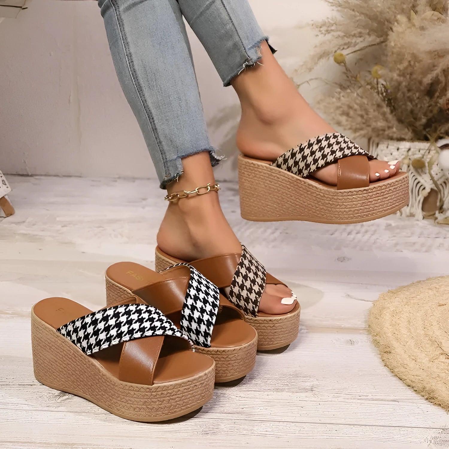 Cross leopard plaid wedge sandals in brown and black patterns with rubber sole and plastic upper