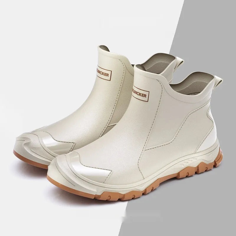 Men's short PVC rubber boots in beige, black and black-red colours with non-slip soles and flat heel