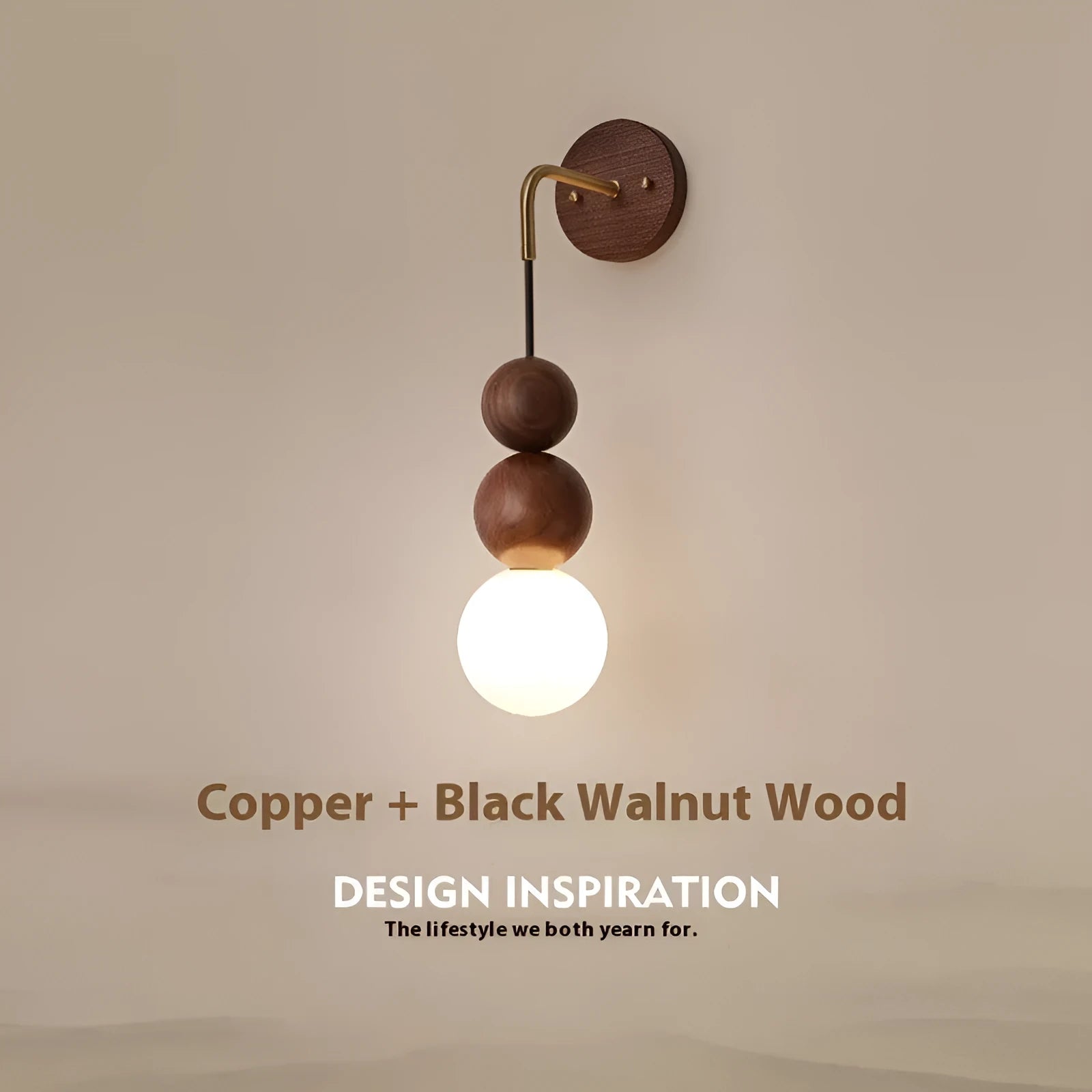 Copper and wood wall lamp with natural walnut finish, three colour light settings