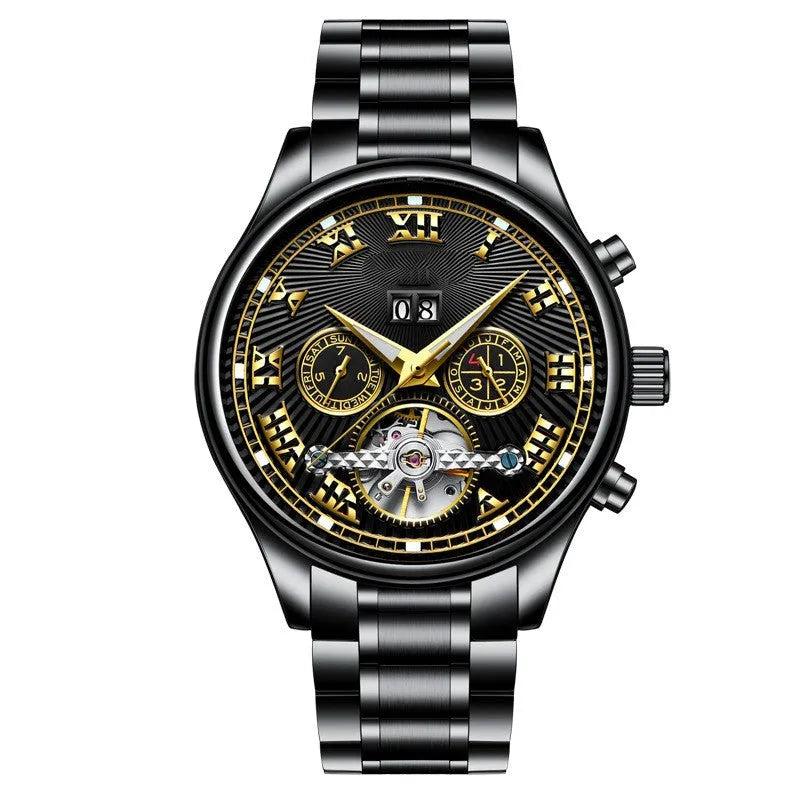 Men's 43mm automatic mechanical watch with calendar display, alloy case, stainless steel buckle in black and gold
