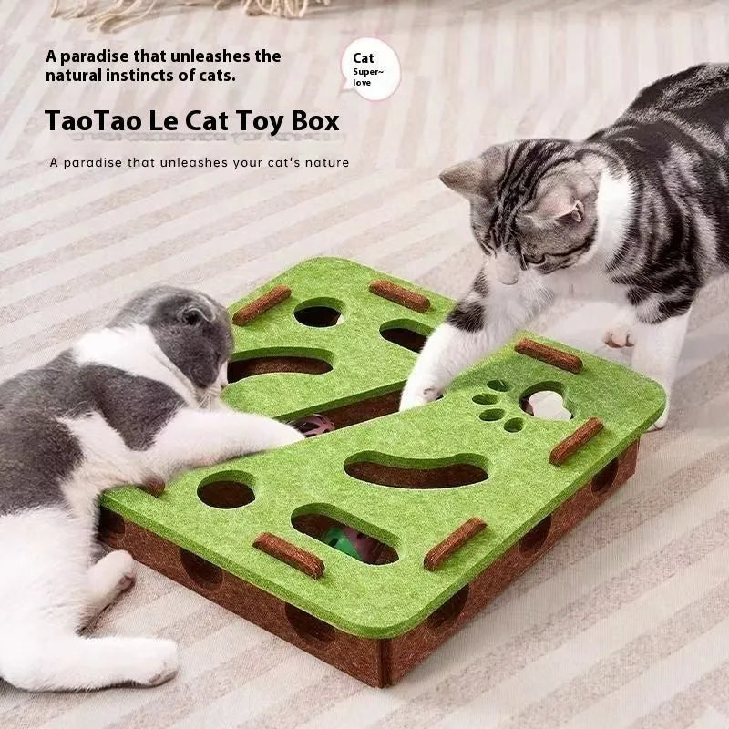 Square wool felt cat toy box with multiple cut-out holes in green brown colour