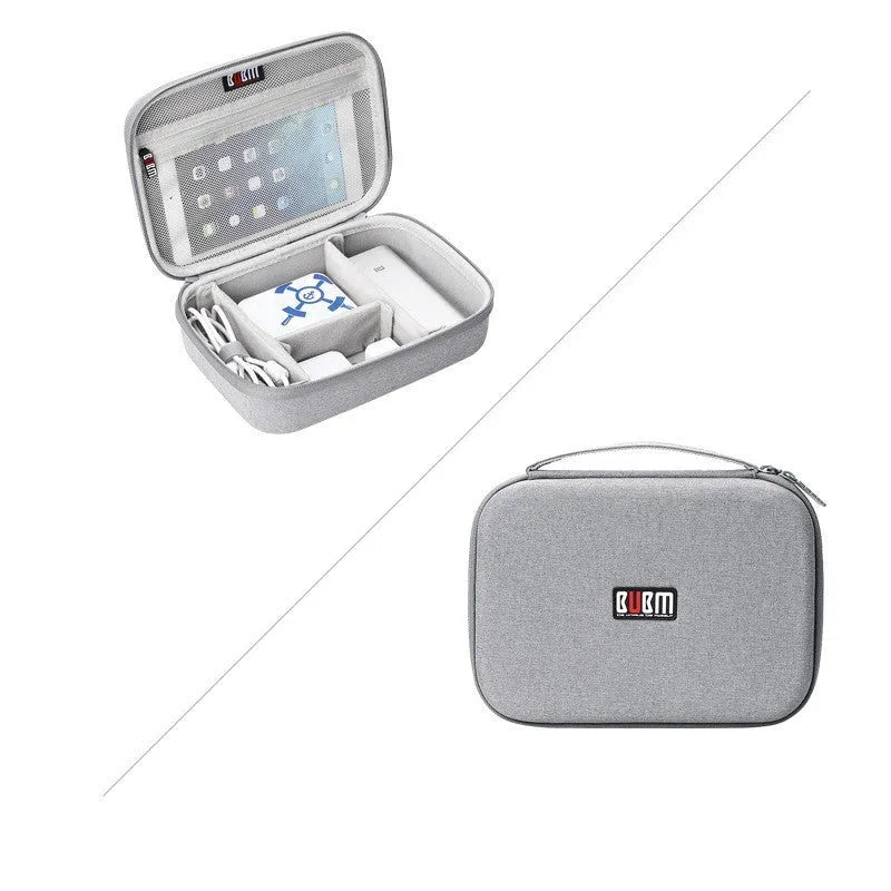 Black and grey EVA digital storage bag for organising headphones, cables, and small electronics.