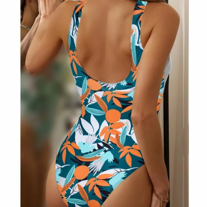 Women's high waist one-piece bikini swimsuit in printed black or white pattern