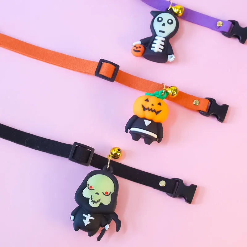 Halloween dog collar with pumpkin man and glow skull patterns in adjustable sizes