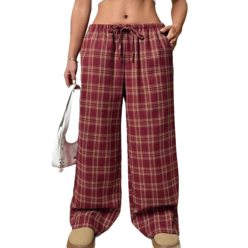 Women's casual trousers with drawstring waist and plaid pocket in red or blue