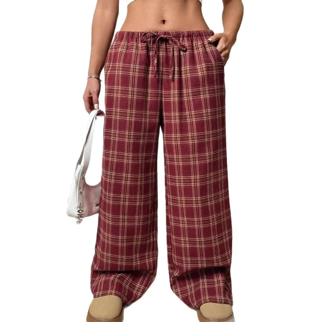 Women's casual trousers with drawstring waist and plaid pocket in red or blue