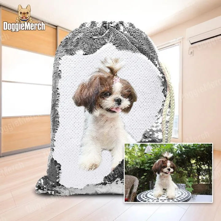 Custom purple sequins backpack with dog photo print and drawstring closure