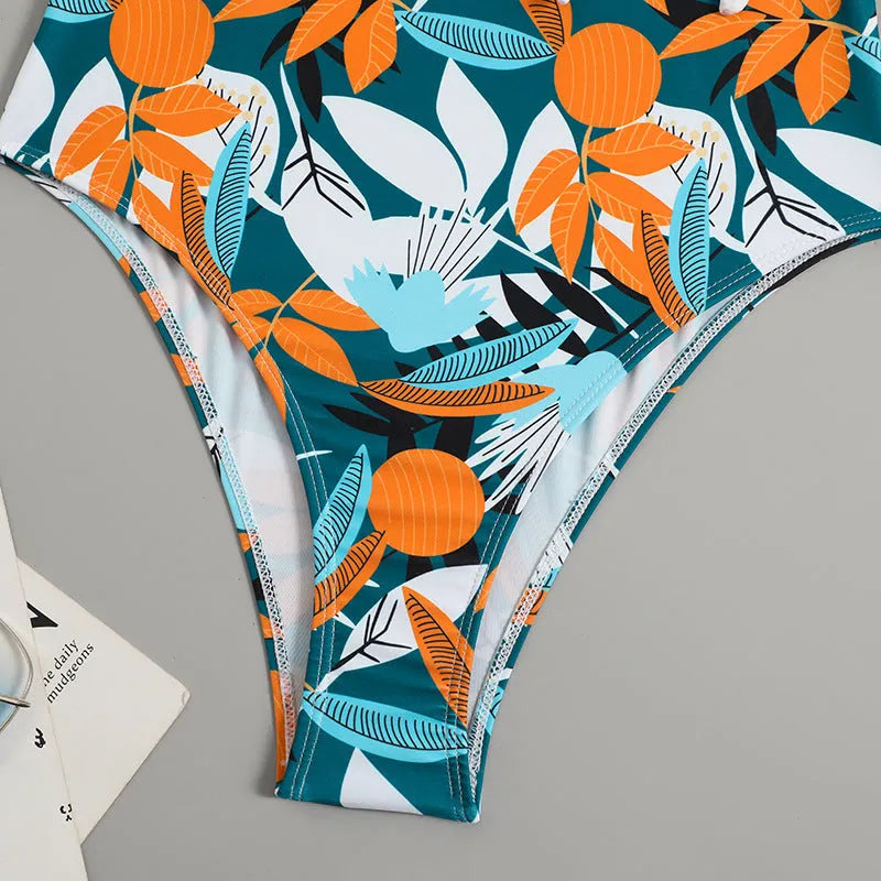 Women's high waist one-piece bikini swimsuit in printed black or white pattern