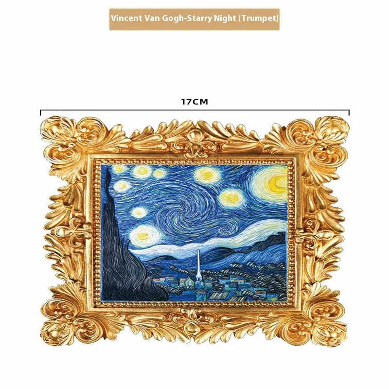 DIY oil painting kit showing Van Gogh's Starry Night reproduction on canvas with acrylic paints and wooden frame