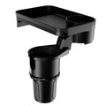 Black car-mounted rotating tray holder with dinner plate surface inserted in vehicle cup holder