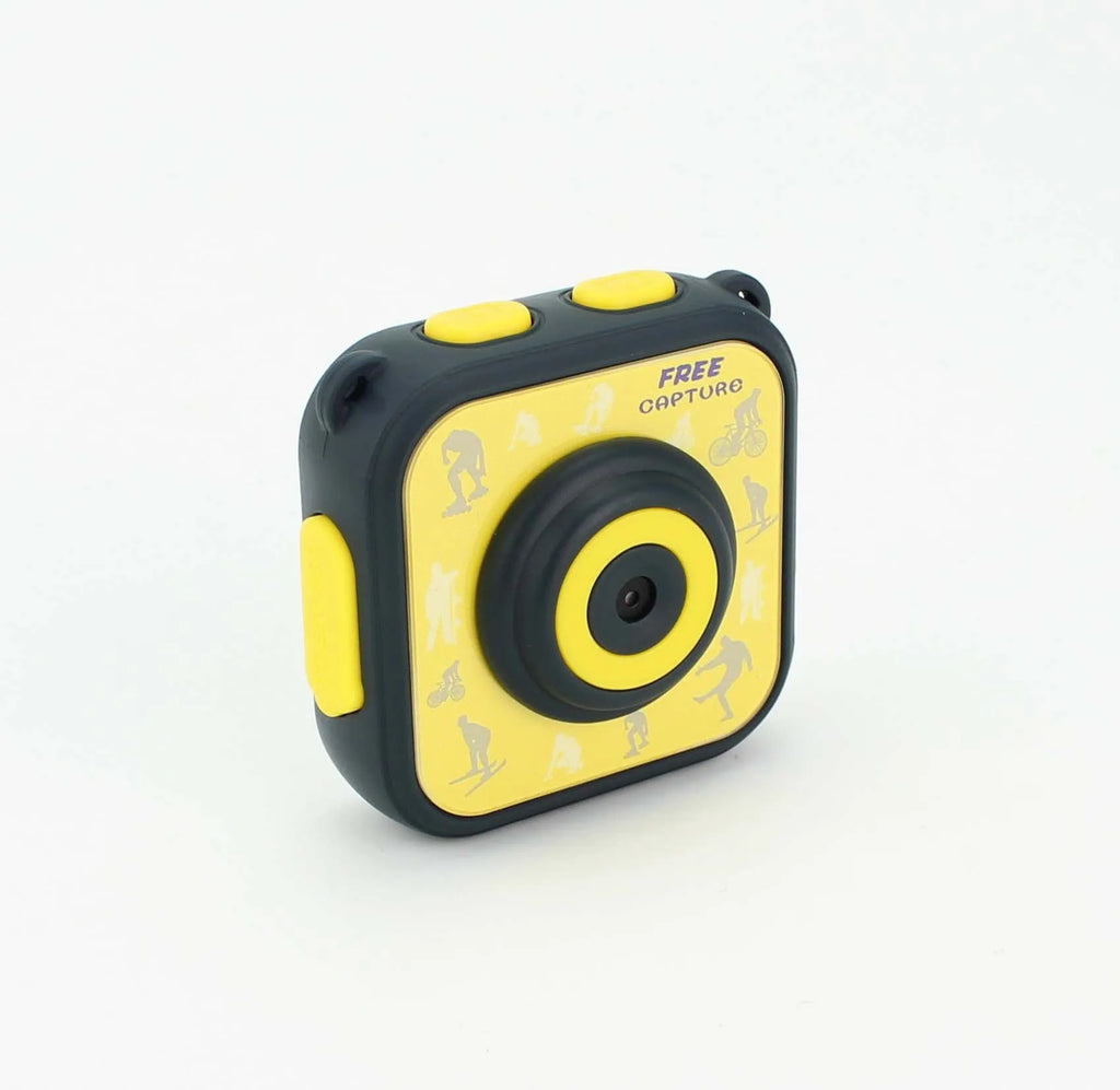 Yellow children's waterproof sports camera with compact design showing front view and control buttons