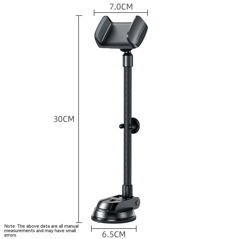 Black universal rotating car mobile phone bracket with metal construction and double supercharged clamp