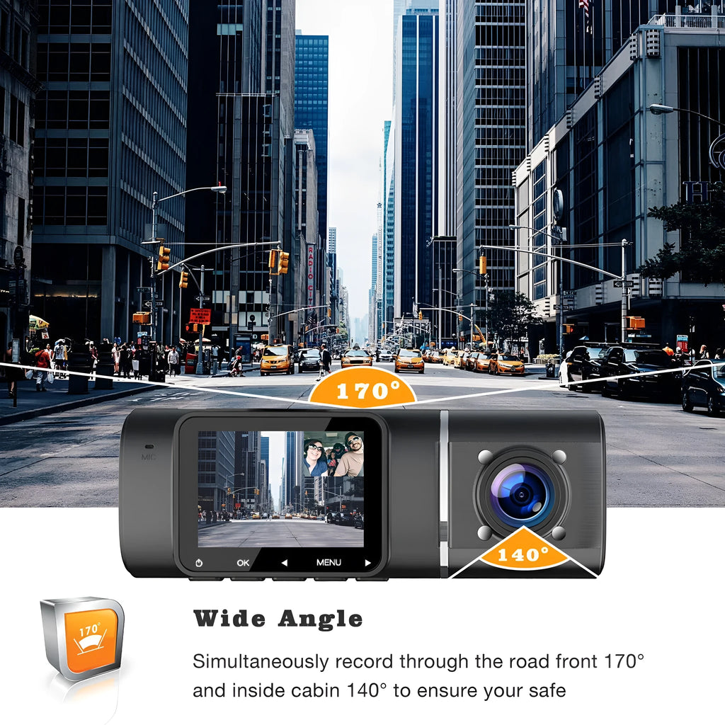 Standard black front and rear dash camera with 1.5-inch screen on a car windscreen.