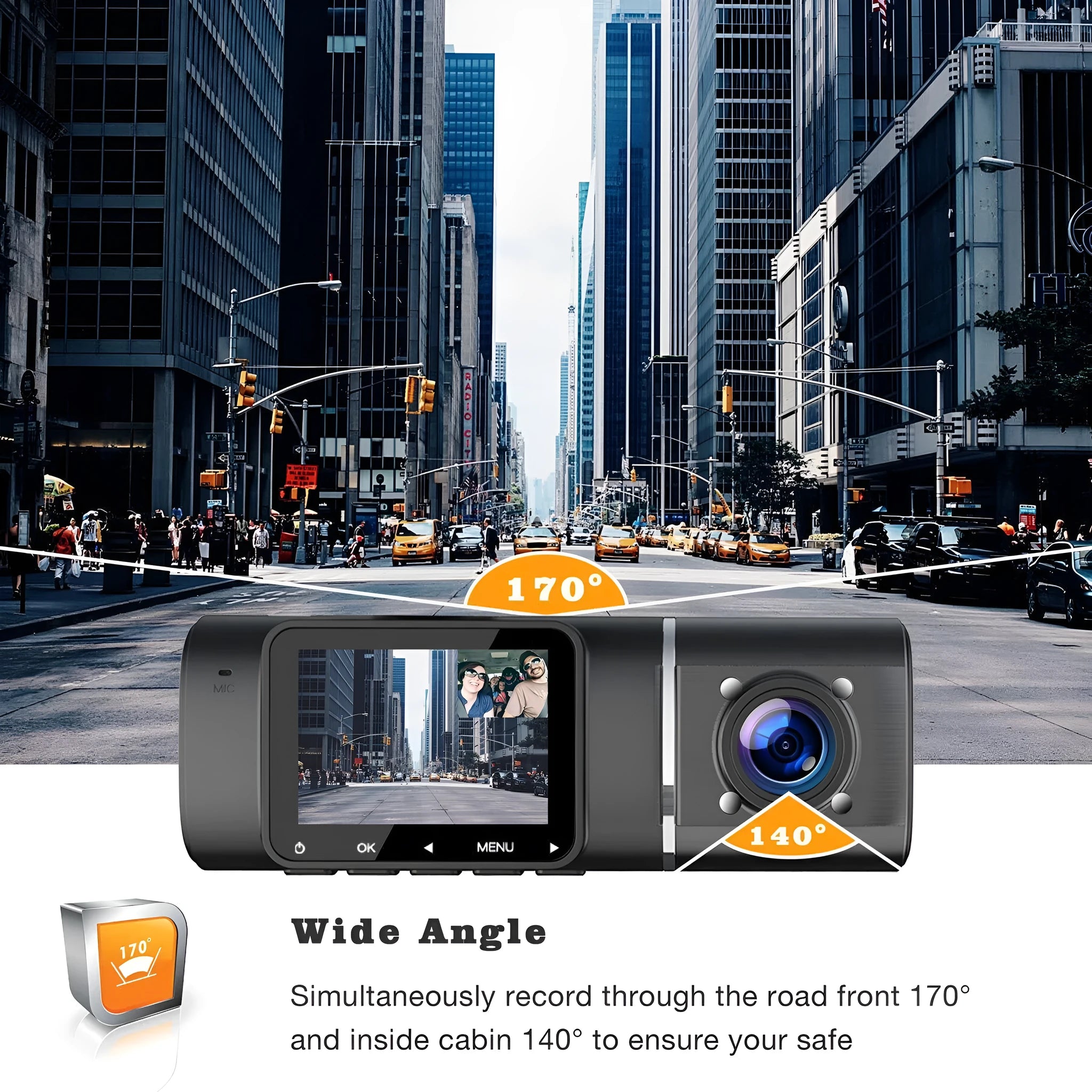 Standard black front and rear dash camera with 1.5-inch screen on a car windscreen.