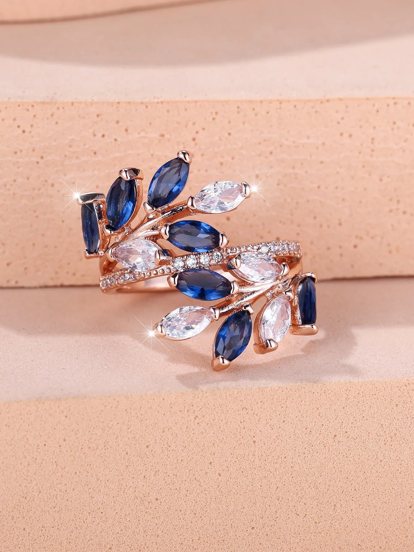 Adjustable copper leaf-shaped ring with zircon stones in multiple colour finish options