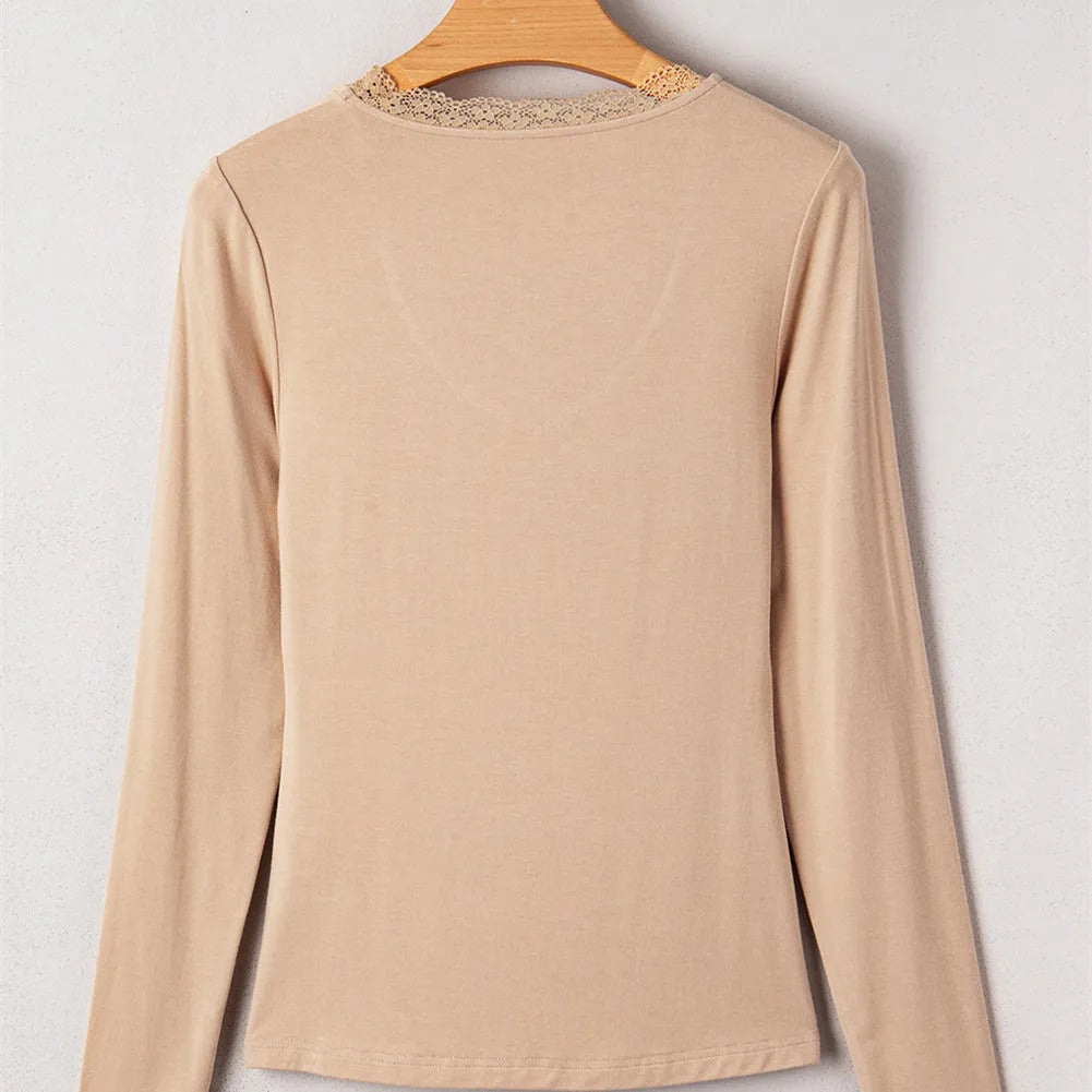 Women's red casual long sleeve top with lace trim detailing in slim fit Japanese Korean style