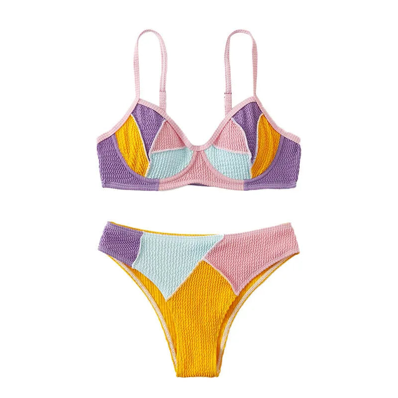Ladies sleeveless push-up bikini set with steel bracket stitching and backpack fastening in splicing colours