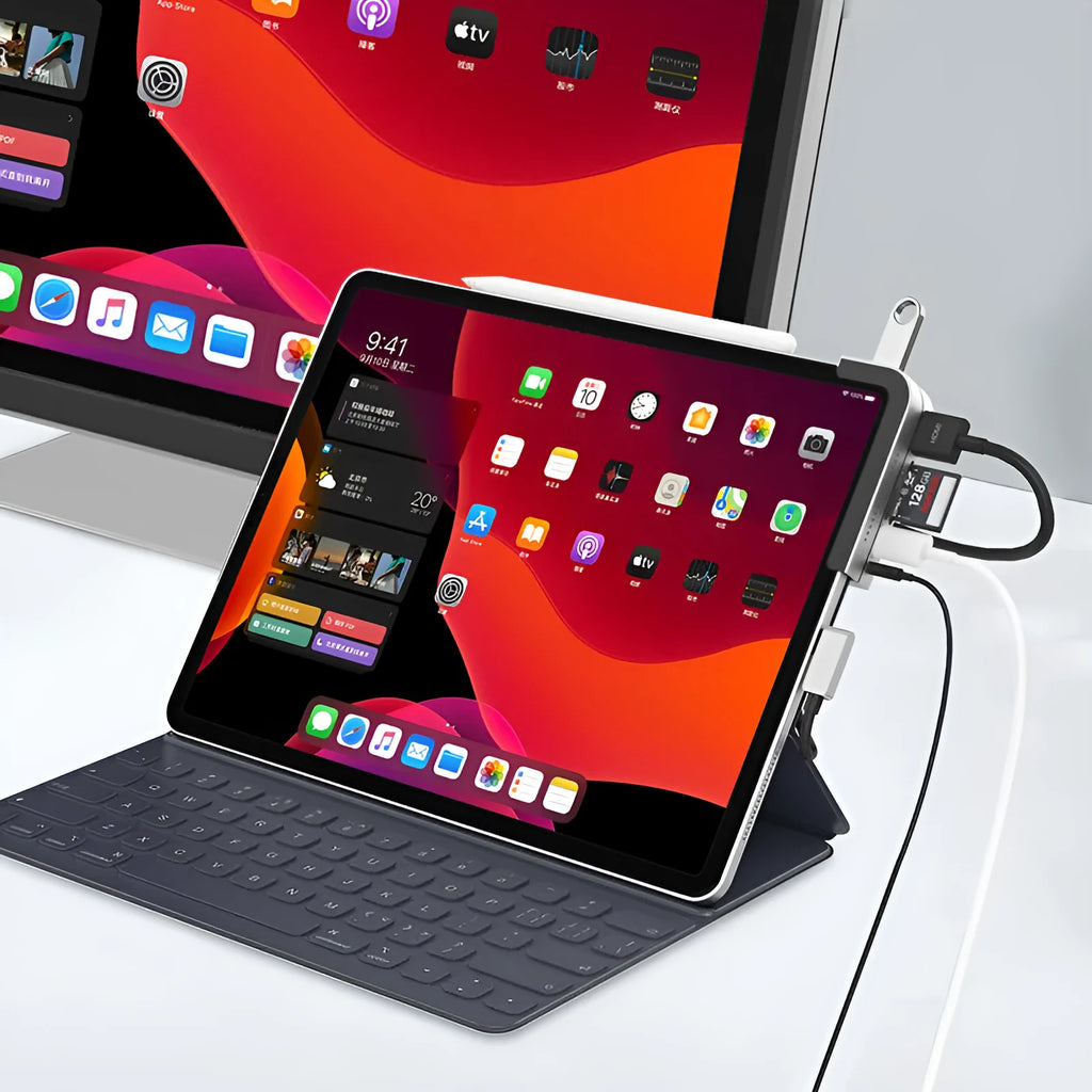 Silver aluminium grey USB-C 6-in-1 docking station for iPad Pro tablets with HDMI and USB ports
