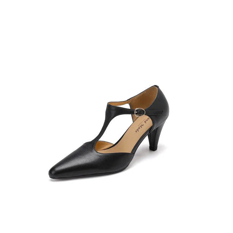 Brown retro women's T-strap sandals with a buckle and chunky heel on a white background.