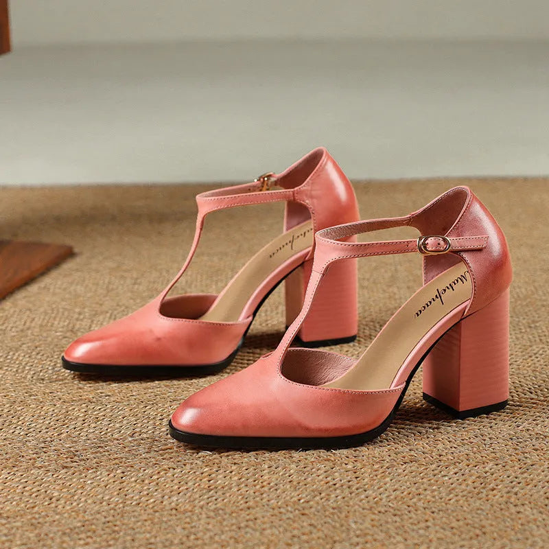 Women's dark brown retro pointed toe Mary Jane shoes with a buckle strap and hollow baotou design.