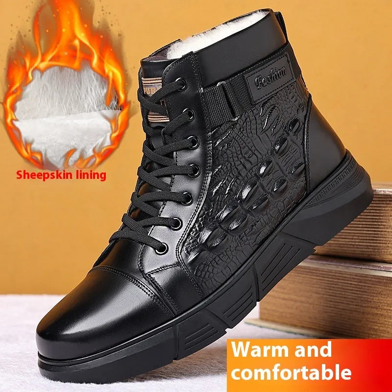 Women's black fur-lined genuine leather snow boots with rubber sole and front laces.