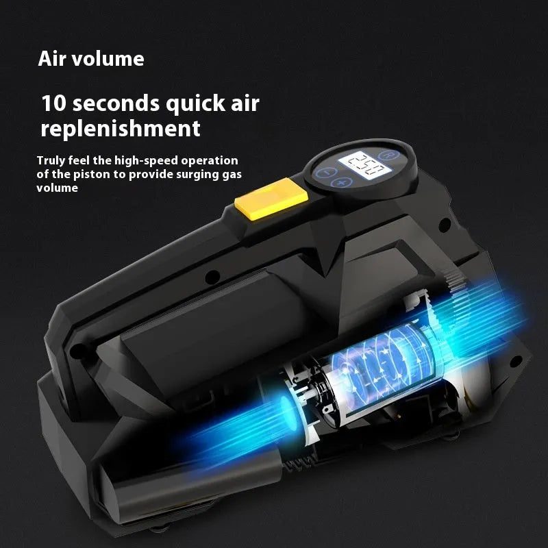 Black portable electric tyre inflator with digital display and 12V vehicle power plug