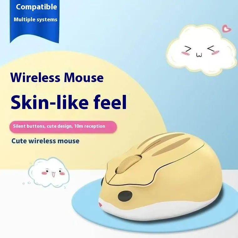 Hamster Wireless Mute Mouse in grey, pink, or yellow colour on a desk.