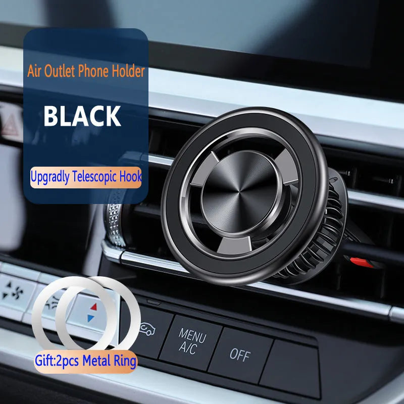 Silver magnetic car air vent phone holder with snap-on bracket and magnetic guide plate