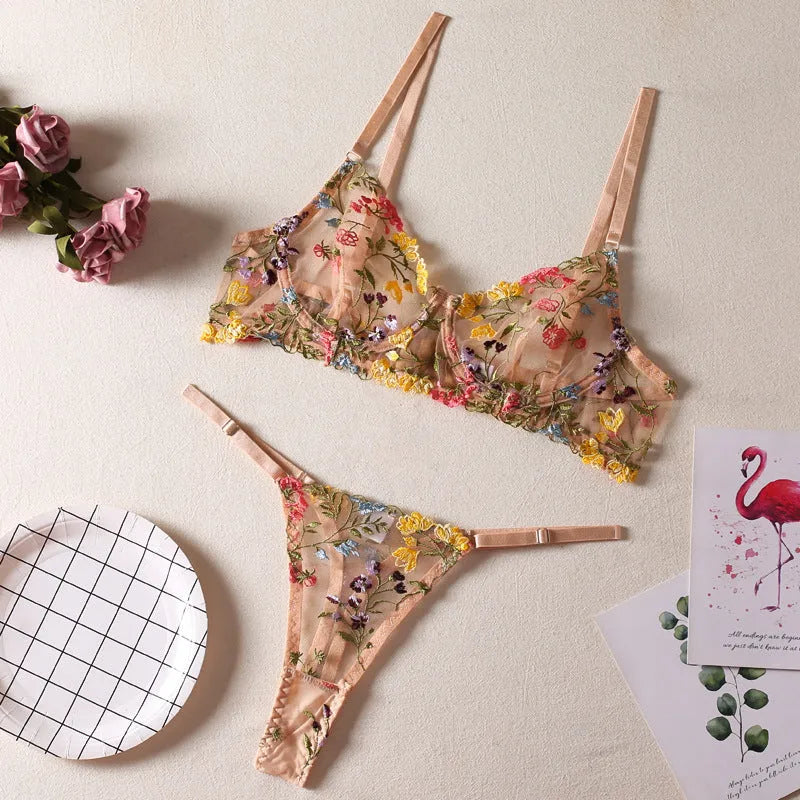 Floral mesh underwear suit with steel ring T-back in skin colour on mannequin