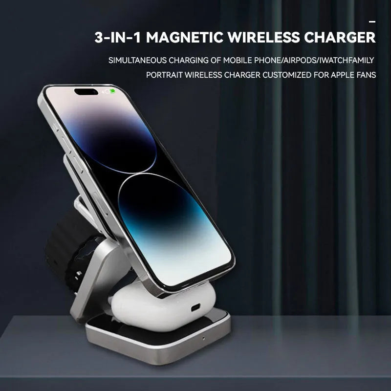 Folding three-in-one wireless charging bracket for Apple Samsung and Google devices with magnetic ring