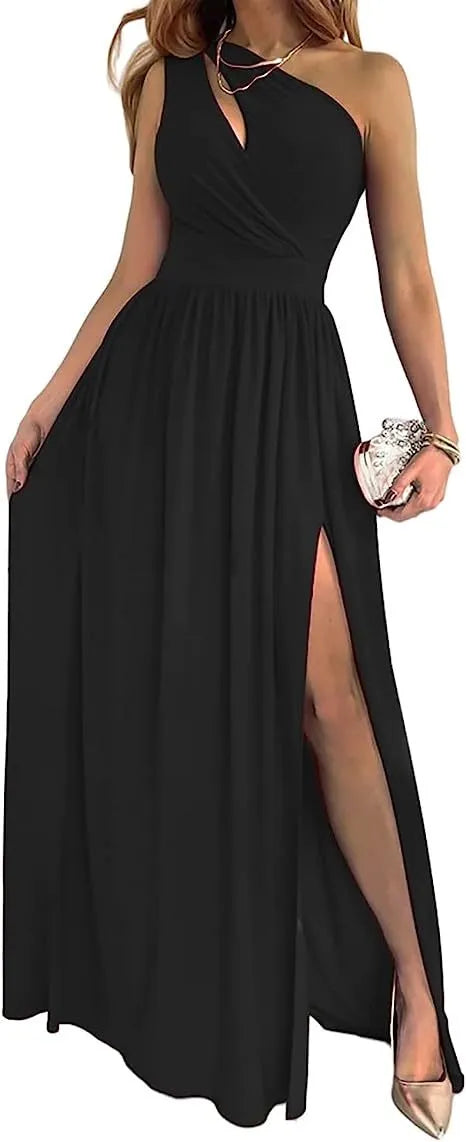 Women's apricot one-shoulder sleeveless maxi dress with high thigh split and cutout detail on mannequin.