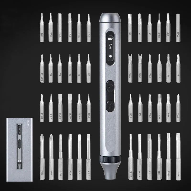 Compact aluminium alloy electric screwdriver on a workbench with bits, showing its slim 134.5mm design.