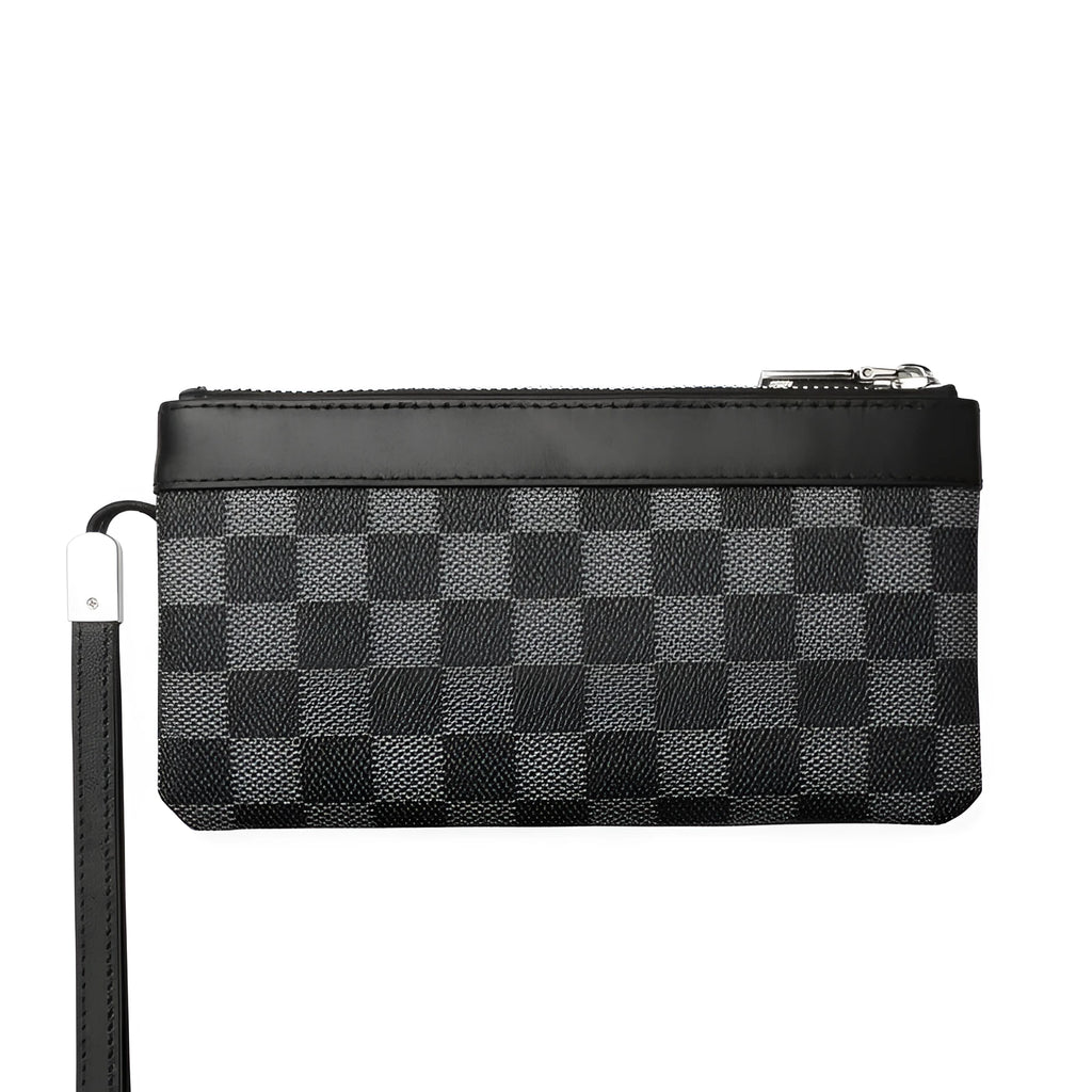 Black plaid patterned men's leather clutch wallet showing front view.