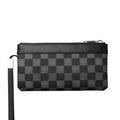 Black plaid patterned men's leather clutch wallet showing front view.