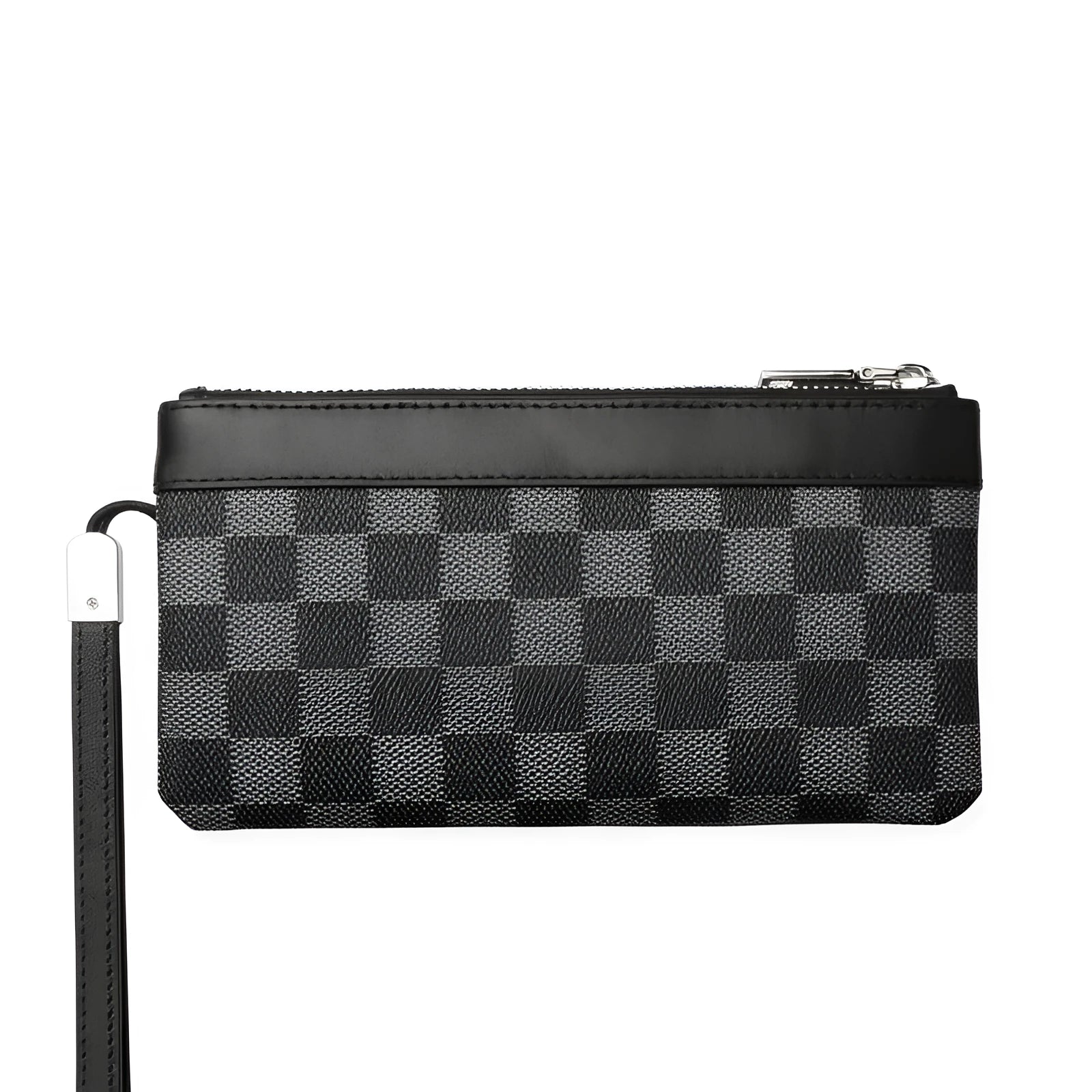 Black plaid patterned men's leather clutch wallet showing front view.