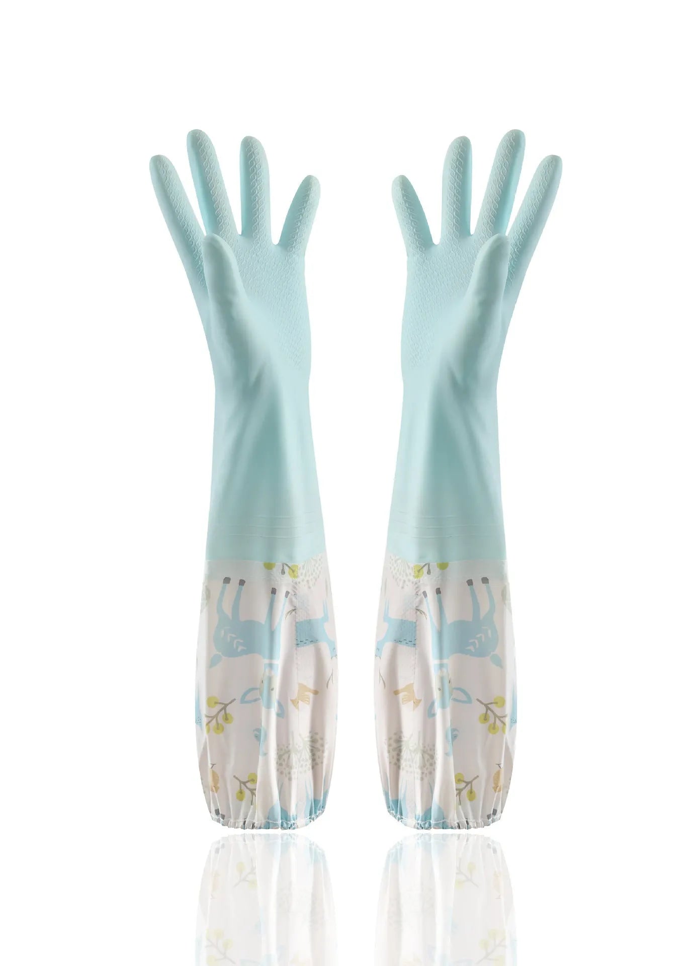 PVC waterproof cleaning gloves in Nordic blue with drawstring single layer collar