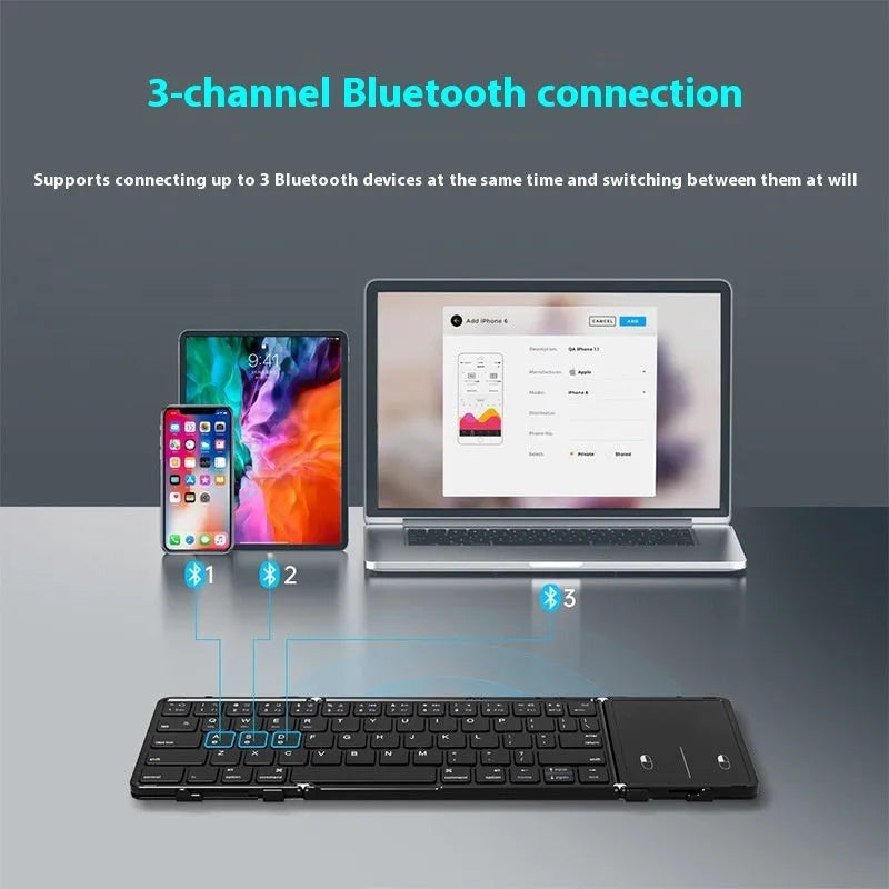 Black folding Bluetooth keyboard unfolded showing full keyboard layout with optional touchpad accessory