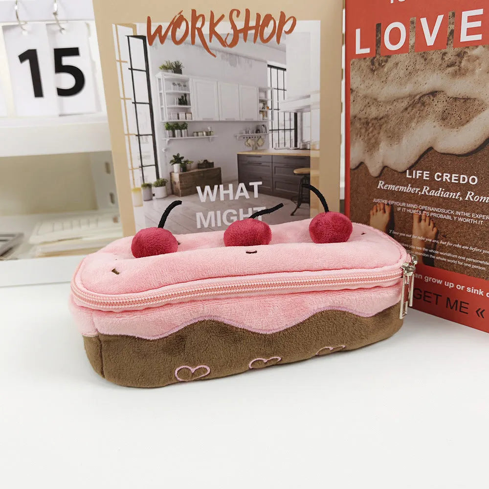 Cherry Cake design plush velvet pencil case with a zip closure.