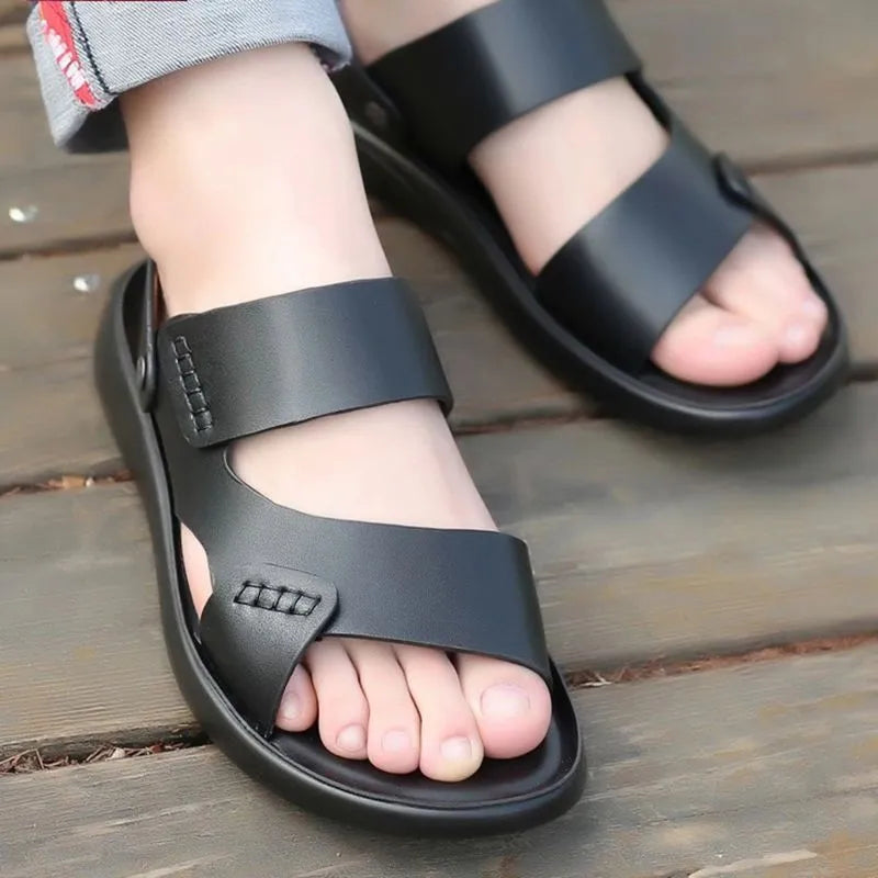 Men's waterproof plastic beach sandals in brown and black colours showing casual design
