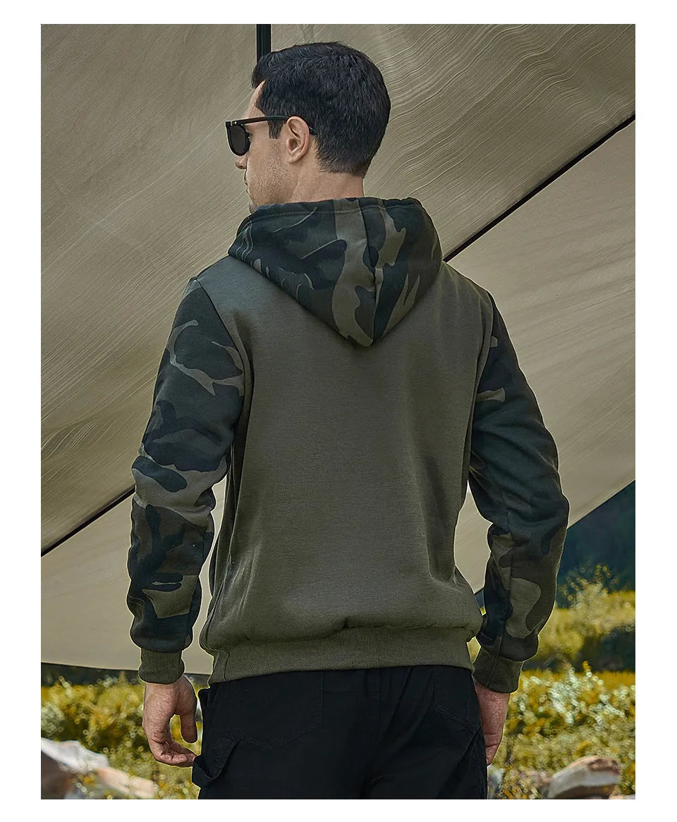 Men's casual sweater, camouflage colour block, hooded, polyester, Army Green colour, front view
