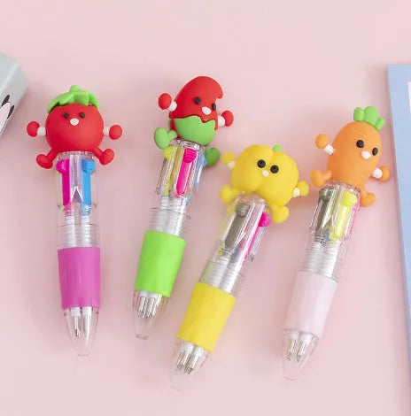 Four-colour press ballpoint pen with random cartoon design showing cactus, fast food, or fruit patterns