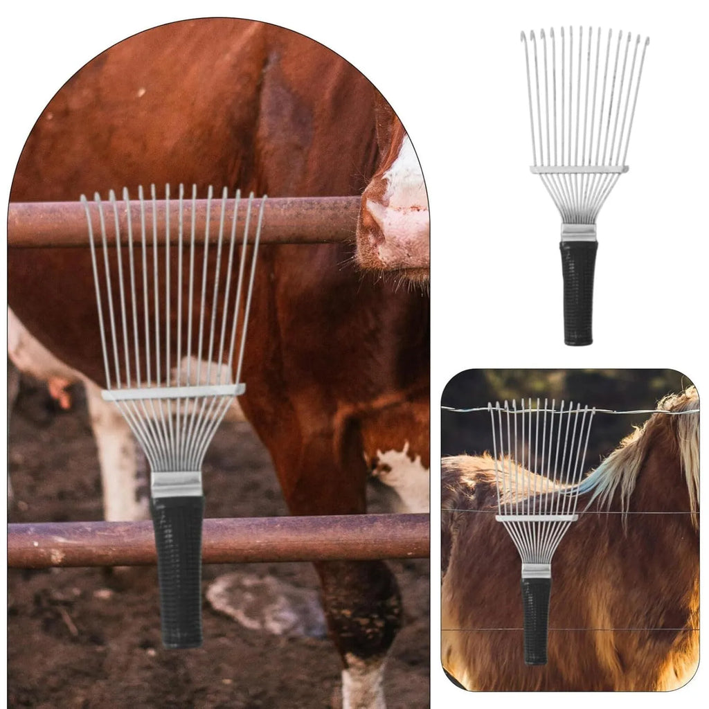 Stainless steel livestock grooming rake comb for horses and dogs on a dark background.